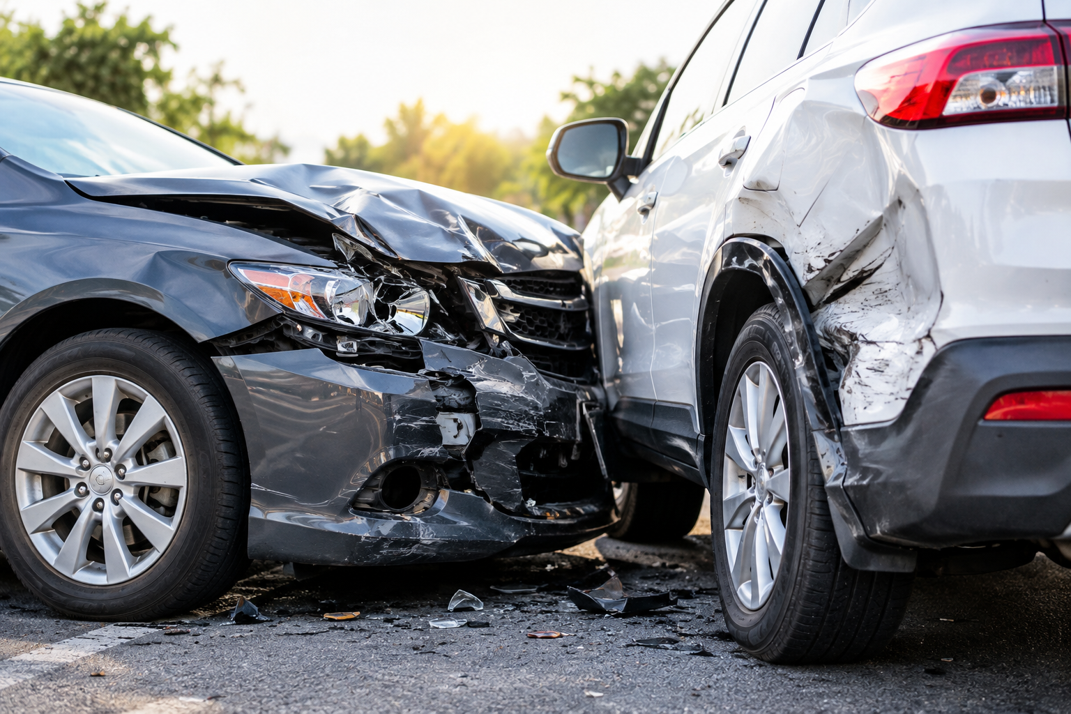 Two damaged vehicles after a car accident — Anaya Law Firm represents personal injury victims